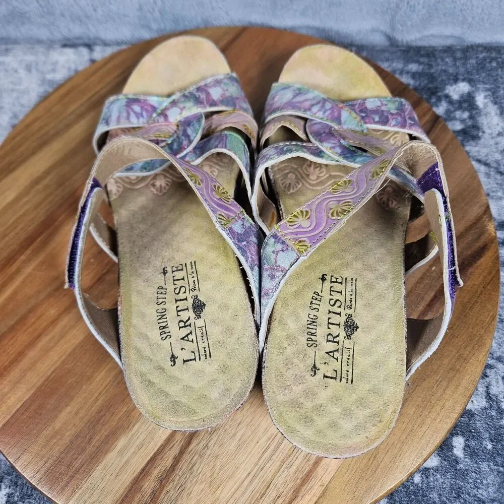 L'artiste Spring Step Yorini Multicolor Leather Wedge Sandals Womens 38 US 7.5 8